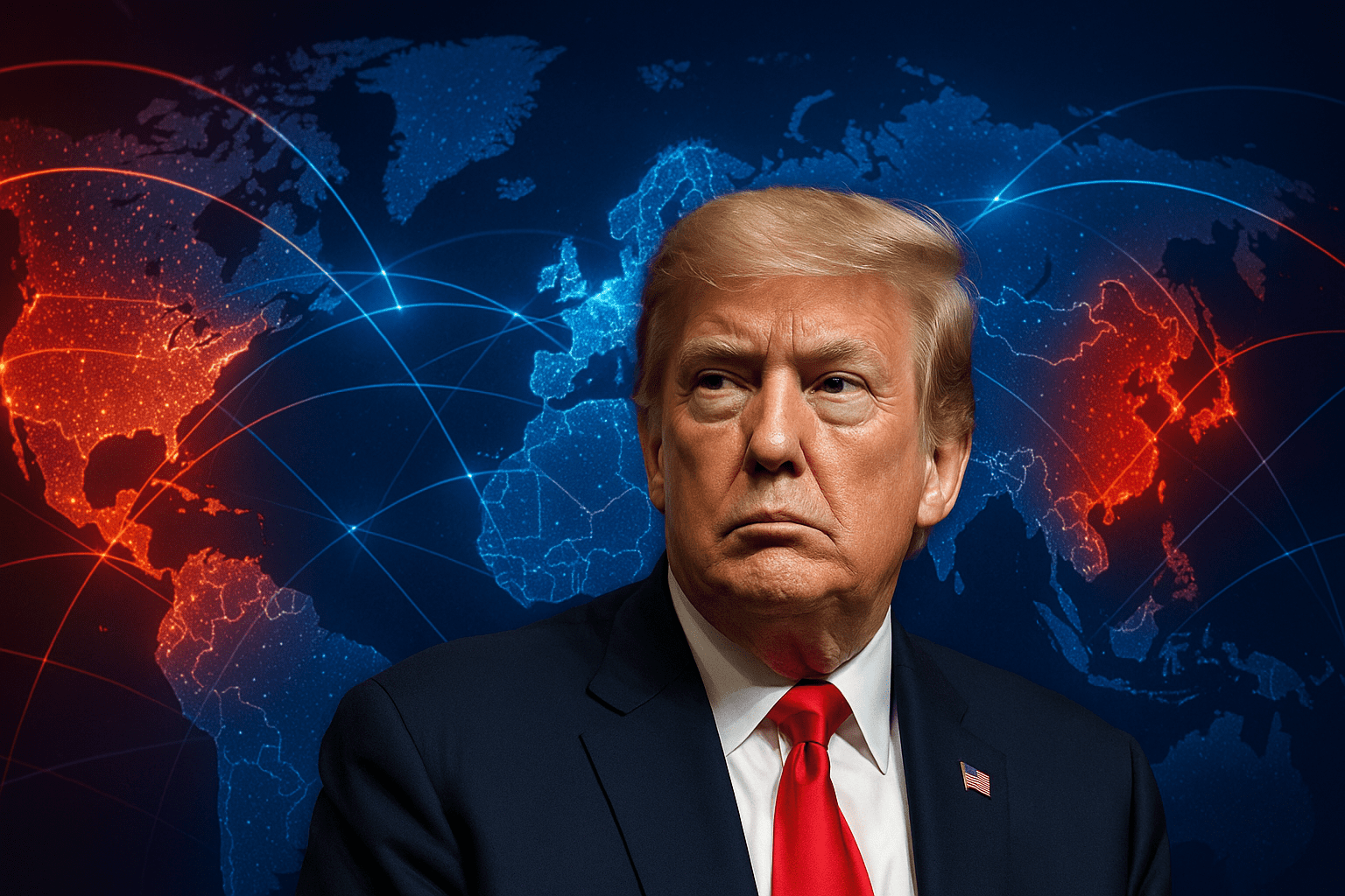 Ritratto di Donald Trump in primo piano con sullo sfondo una mappa digitale del mondo, illuminata in rosso e blu a simboleggiare lo scontro globale tra Stati Uniti, Europa e Cina.