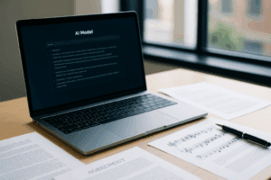 Postazione di lavoro moderna con un laptop aperto che mostra un’interfaccia legata a un modello di intelligenza artificiale, circondato da fogli con spartiti musicali e documenti legali, illuminata da luce naturale proveniente da una finestra