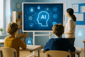 Classe moderna con schermo interattivo che mostra simboli digitali legati all’intelligenza artificiale, docente di fronte allo schermo e studenti seduti ai banchi, atmosfera tecnologica e istituzionale.