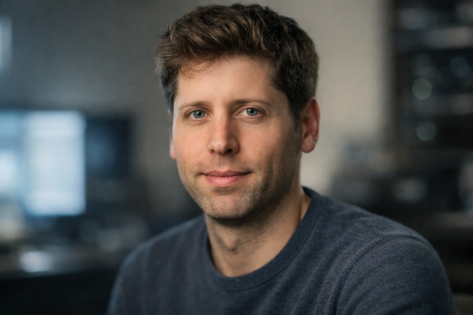 Ritratto fotografico di Sam Altman in un ambiente tecnologico moderno, con sfondo sfocato e luci fredde che richiamano il mondo dell’intelligenza artificiale e dell’innovazione digitale