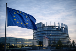 Bandiera dell’Unione europea davanti al Parlamento europeo di Strasburgo all’alba, immagine istituzionale sulla regolazione dell’intelligenza artificiale e sull’attuazione dell’AI Act.