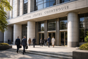 Persone in abiti professionali entrano in un tribunale federale degli Stati Uniti, edificio moderno in pietra e vetro, simbolo di un procedimento giudiziario legato alla responsabilità delle piattaforme digitali.