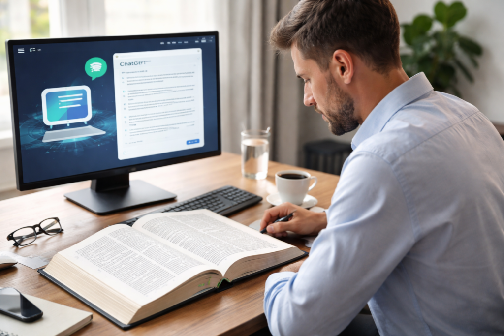 Professionista seduto alla scrivania consulta un’enciclopedia aperta mentre sul monitor del computer è visibile l’interfaccia di un chatbot di intelligenza artificiale, in un ufficio moderno illuminato da luce naturale