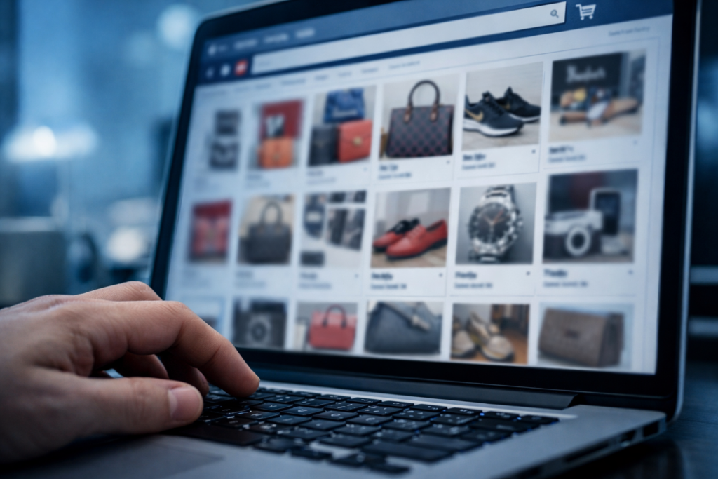 Primo piano ravvicinato di una mano che digita su un laptop in ambiente d’ufficio; sullo schermo è visibile un marketplace digitale con inserzioni sfocate di prodotti, alcune riconducibili a merci contraffatte. Toni freddi, profondità di campo ridotta, atmosfera tecnologica e documentaristica