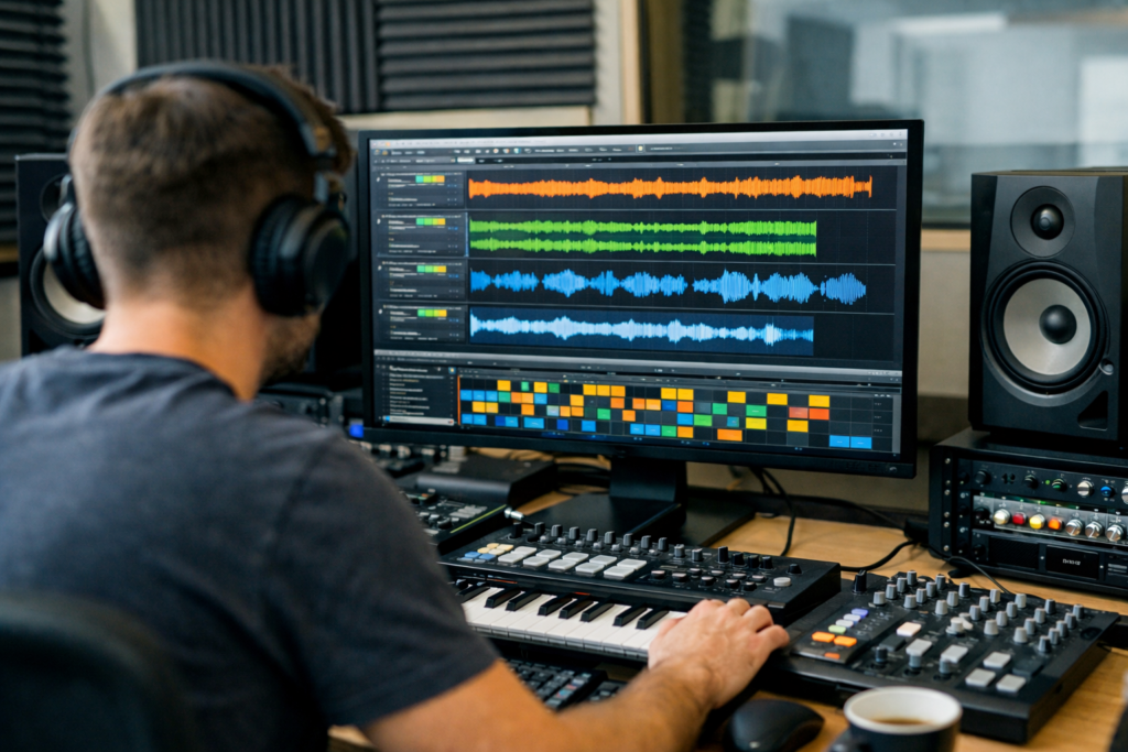 Producer musicale seduto in uno studio di registrazione mentre lavora al computer su una traccia audio, con forme d’onda colorate visibili sul monitor, controller MIDI e mixer davanti a sé, casse acustiche ai lati e ambiente trattato acusticamente illuminato da luce naturale