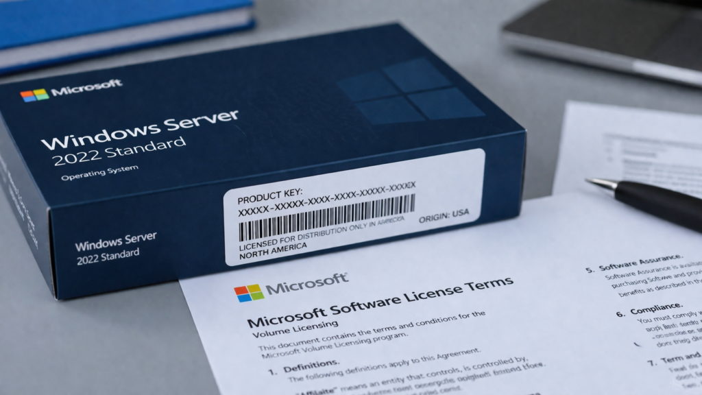 Scatola licenza software Microsoft con documenti contrattuali su scrivania ufficio focus su product key