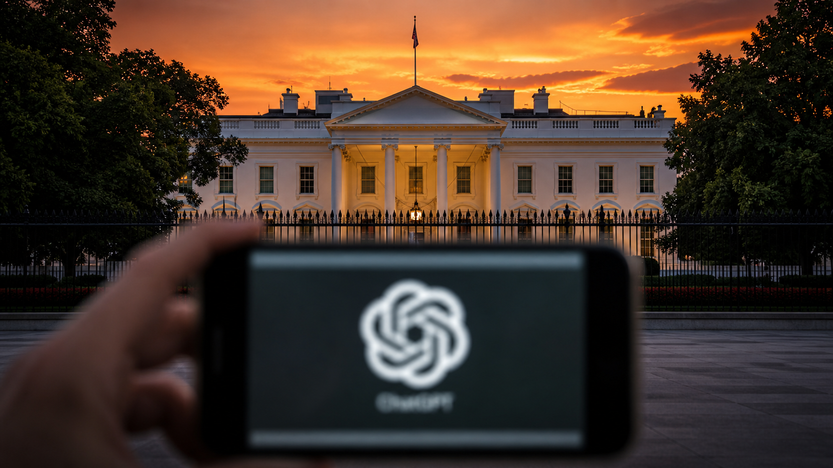 Vista esterna della Casa Bianca al tramonto, con cielo arancione intenso che illumina la facciata bianca dell’edificio. In primo piano, sfocato, uno smartphone con il logo di un sistema di intelligenza artificiale sullo schermo