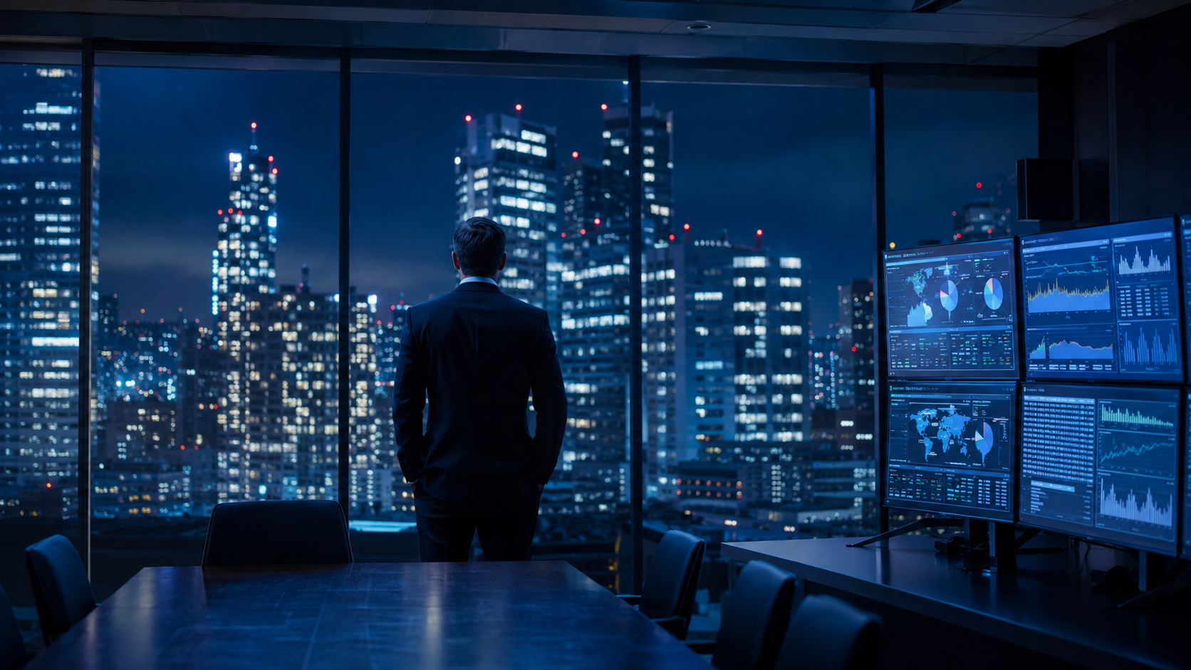 Sala riunioni di una grande banca moderna con ampie vetrate affacciate su una città illuminata di notte. In primo piano un uomo in abito scuro, ripreso di spalle, osserva una serie di monitor che mostrano dashboard di sicurezza informatica, grafici e alert digitali.