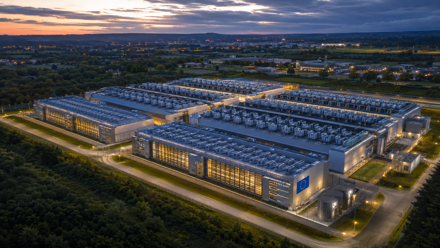 Veduta aerea panoramica di un grande data center europeo al tramonto. Diversi edifici tecnologici di grandi dimensioni, illuminati internamente, si sviluppano in file ordinate all'interno di un complesso circondato da aree verdi e strade di servizio