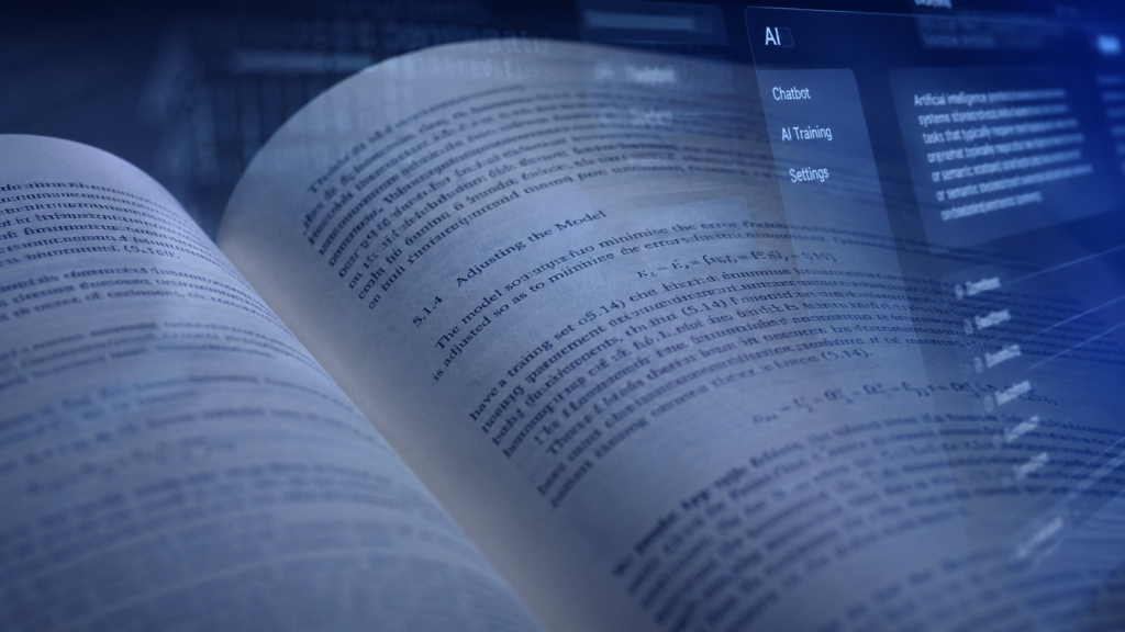 Primo piano di un libro accademico aperto con pagine fitte di testo, illuminato da luce artificiale fredda. Sul libro si riflette parzialmente un’interfaccia grafica di intelligenza artificiale con menu e dati digitali sfocat