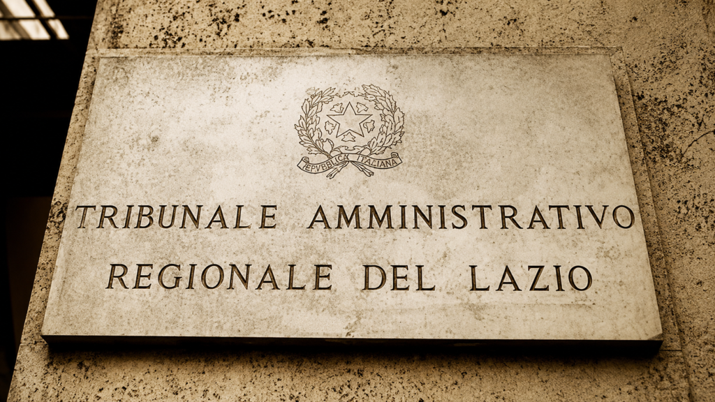 Targa del Tribunale Amministrativo Regionale del Lazio su parete in pietra, fotografia in stile editoriale 16:9 con tonalità seppia e dettaglio architettonico istituzionale