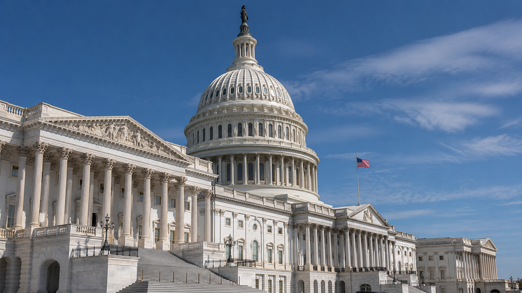 Campidoglio degli Stati Uniti a Washington con cupola, colonne neoclassiche e bandiera americana sotto il cielo azzurro
