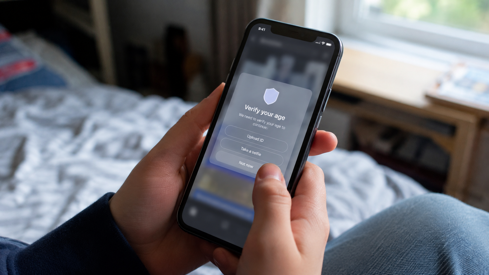 Adolescente tiene in mano uno smartphone con schermata di verifica dell’età su app social generica, in ambiente domestico illuminato da luce naturale
