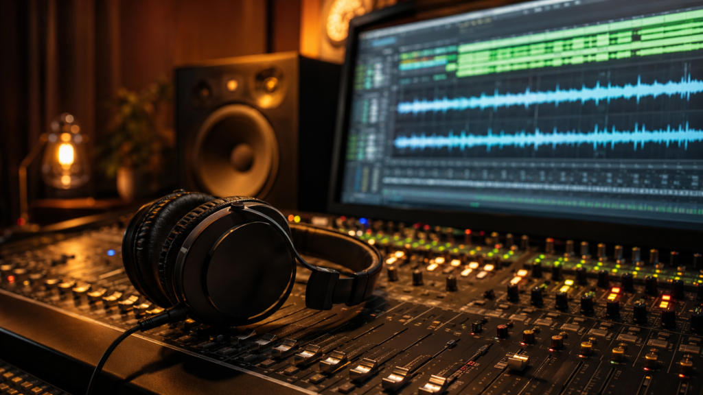 Cuffie professionali appoggiate su una consolle audio in uno studio di registrazione, con forme d’onda sonore sullo schermo e illuminazione calda