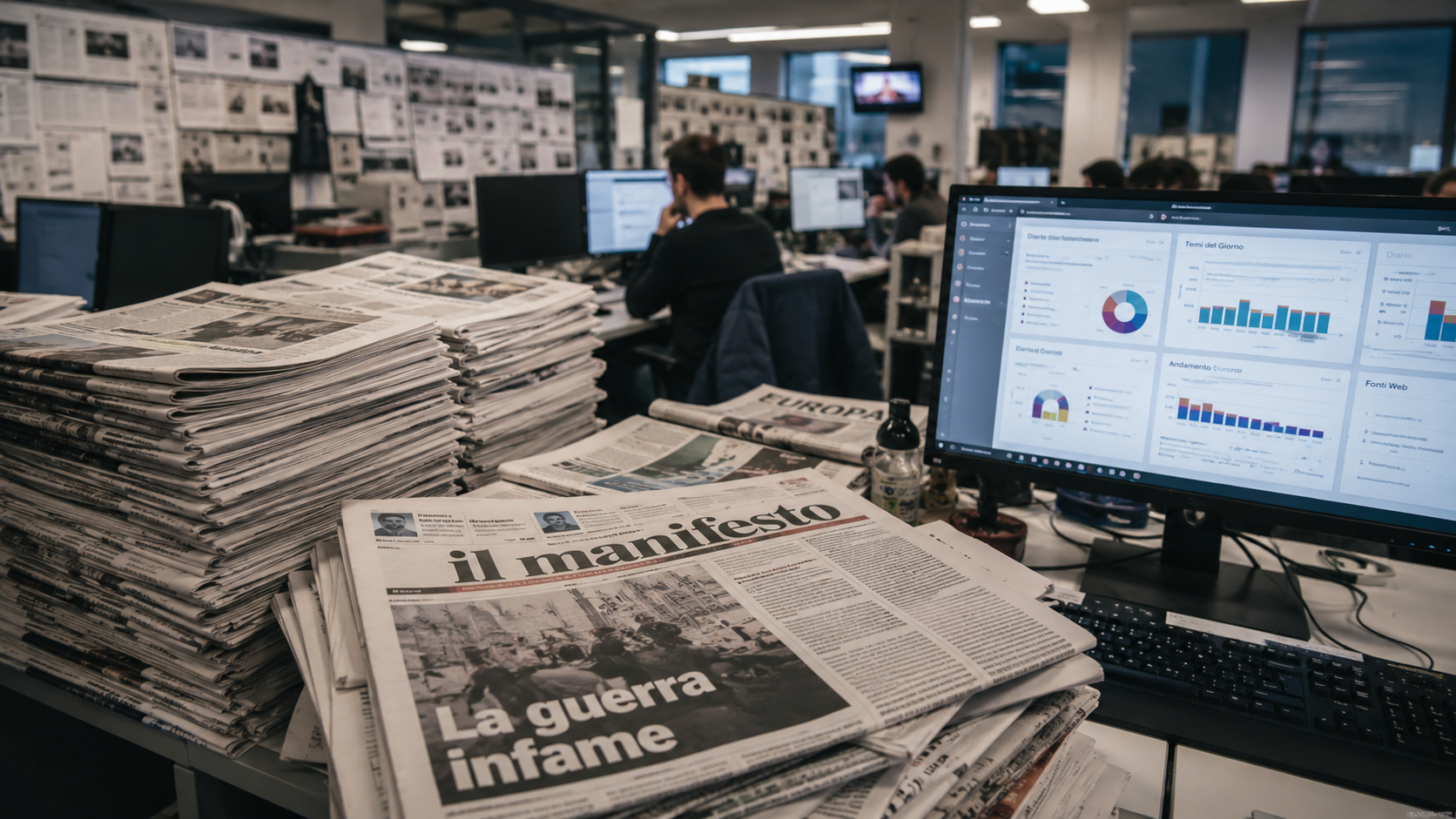 Redazione di un quotidiano con pile di giornali stampati in primo piano e monitor che visualizzano grafici e dashboard di dati digitali. La scena mette a confronto il giornalismo tradizionale su carta con gli strumenti di analisi digitale