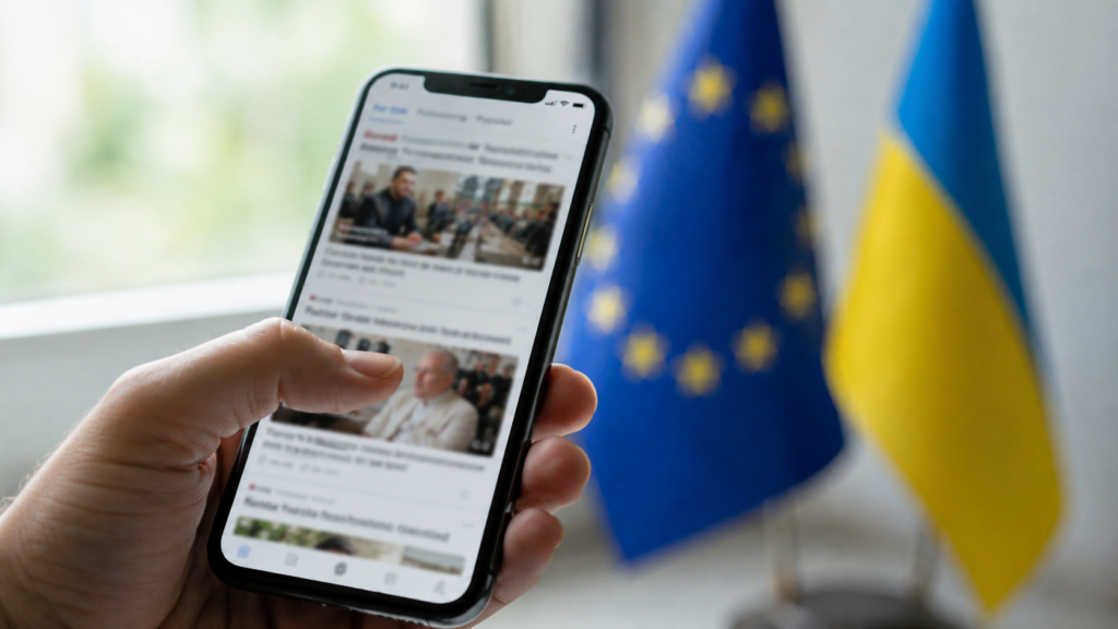 Primo piano di una mano che scorre le notizie su uno smartphone. Sullo sfondo, volutamente sfocate, sono visibili le bandiere dell'Unione Europea e dell'Ucraina illuminate da luce naturale proveniente da una finestra.