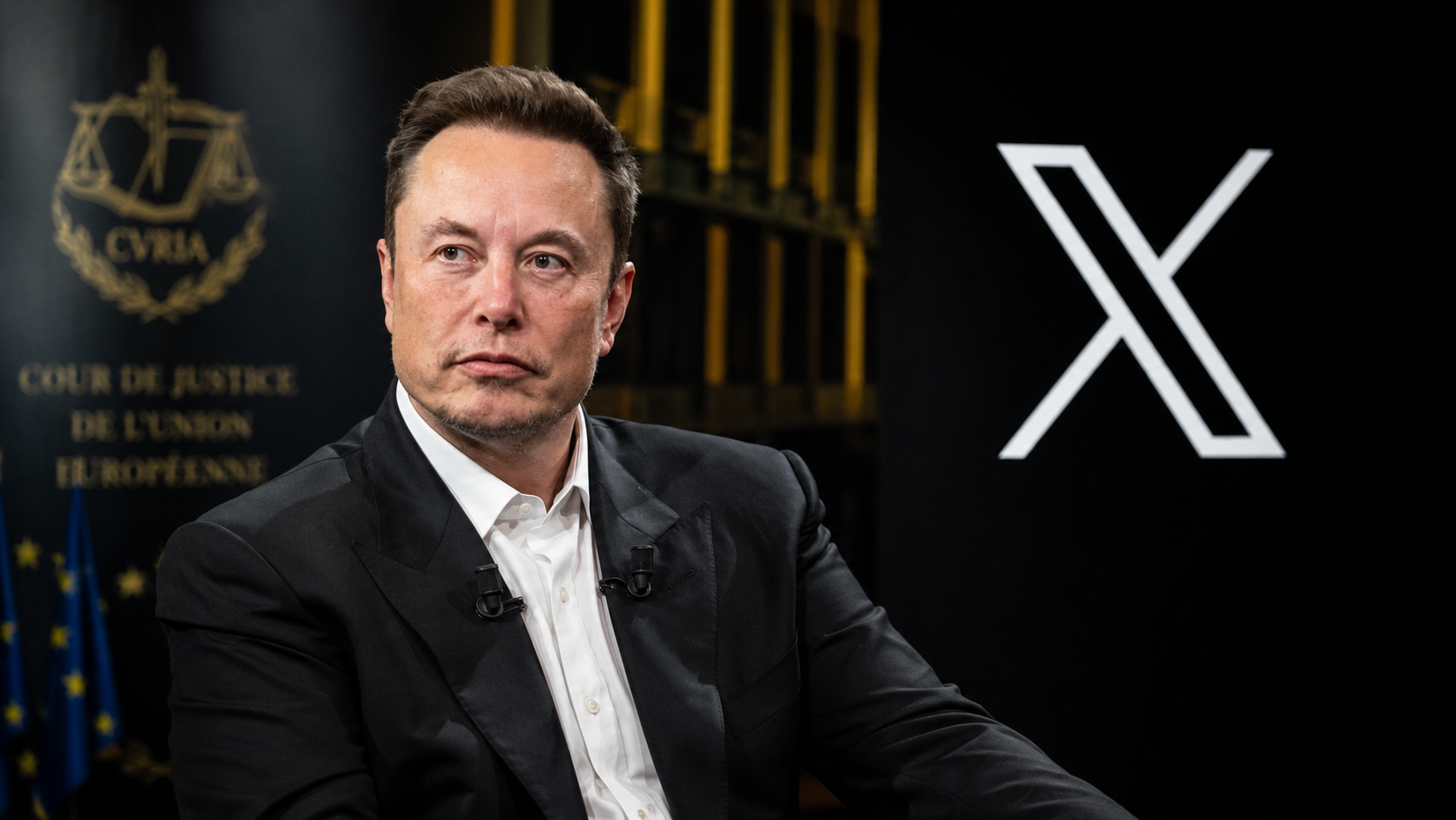 Elon Musk davanti al logo di X, con riferimenti alla Corte di giustizia dell’Unione europea e al Digital Services Act.
