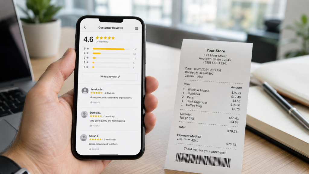 Mano che tiene uno smartphone con schermata di recensioni a stelle accanto a uno scontrino fiscale su una scrivania in ufficio.