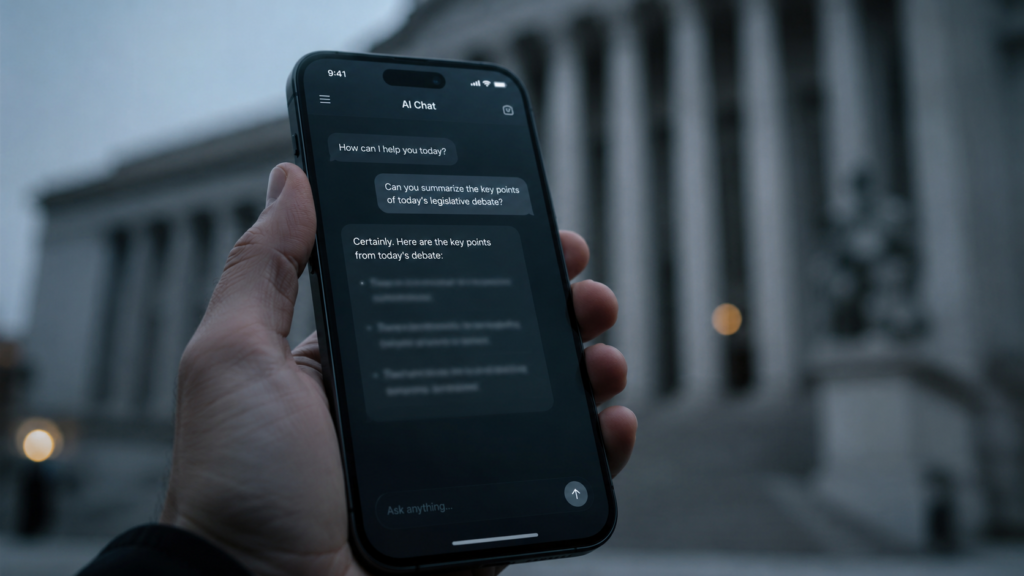 Smartphone con interfaccia di chat AI davanti a un edificio istituzionale con colonne, in un’atmosfera fredda e cinematografica.
