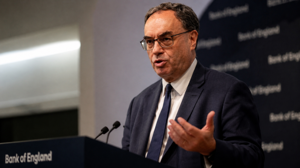 Andrew Bailey, governatore della Bank of England, durante un intervento pubblico davanti ai microfoni, con lo sfondo istituzionale della banca centrale britannica.