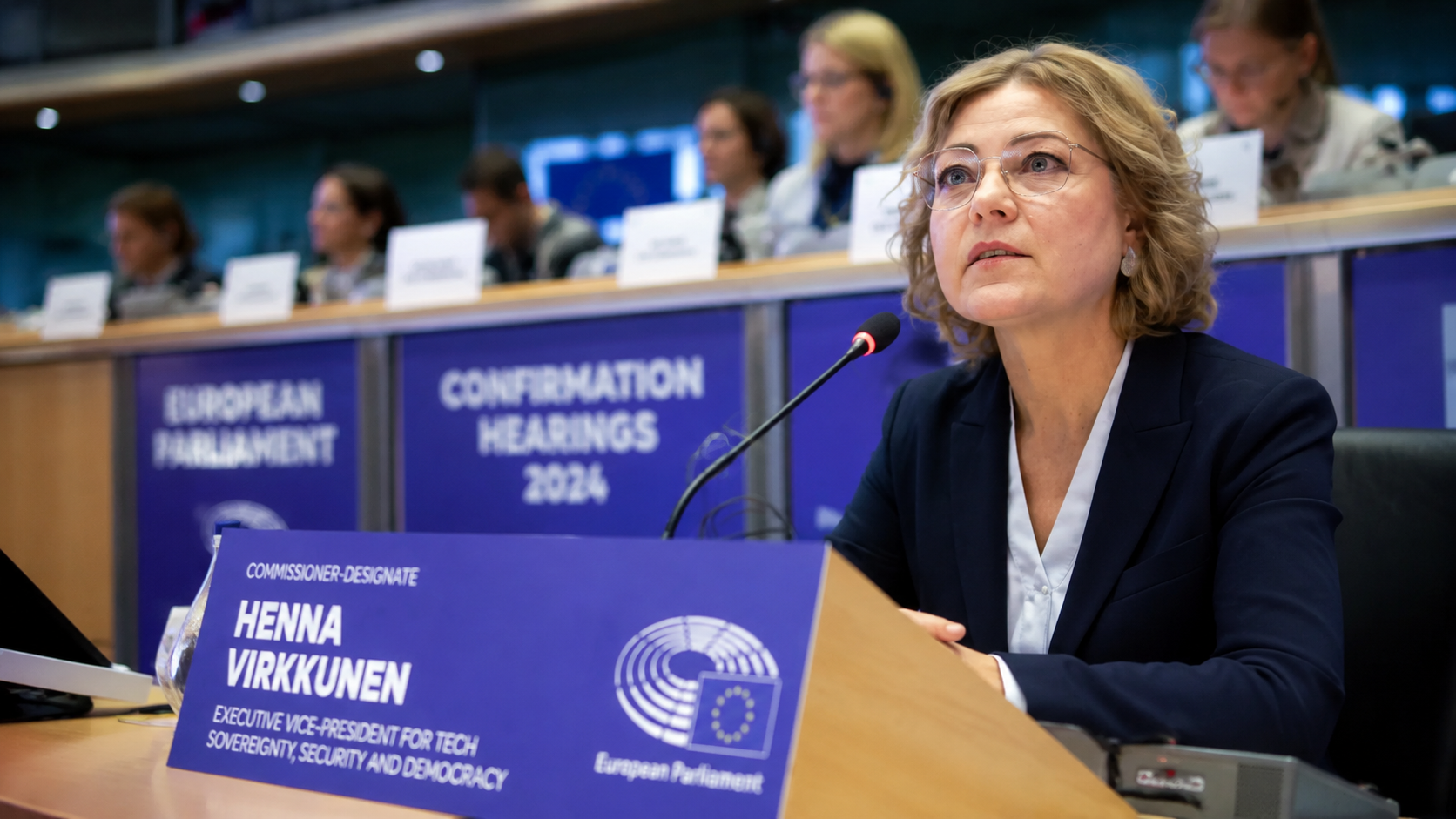 Henna Virkkunen durante un’audizione al Parlamento europeo, seduta davanti al microfono con i rappresentanti delle istituzioni sullo sfondo.
