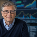Bill Gates in primo piano in un ambiente professionale, con sullo sfondo sfocato diversi schermi che mostrano grafici e dati economici