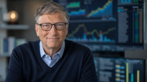 Bill Gates in primo piano in un ambiente professionale, con sullo sfondo sfocato diversi schermi che mostrano grafici e dati economici