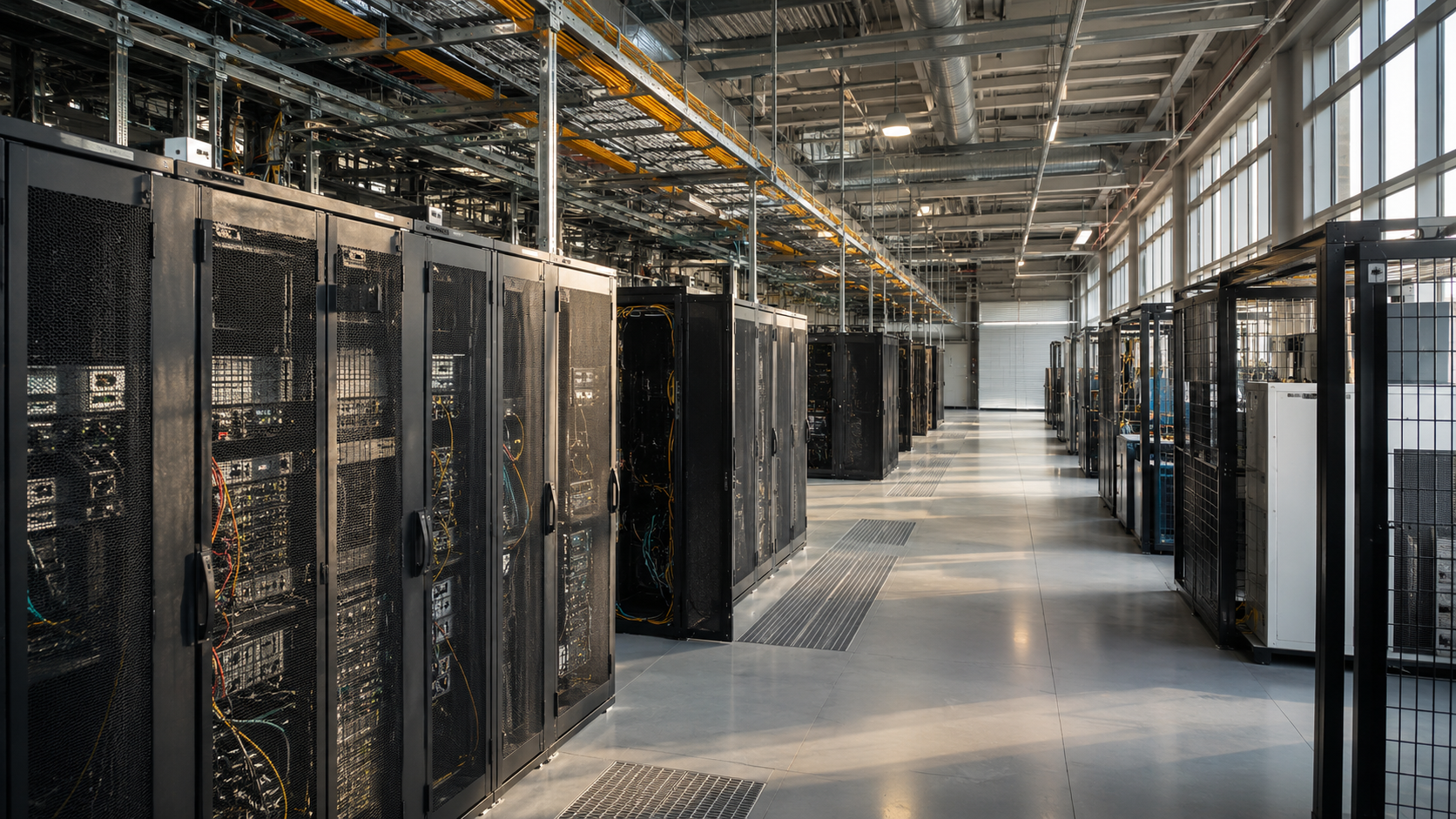 Campo lungo dell’interno di un data center industriale, con file di server, cablaggi elettrici a vista e luce naturale del tardo pomeriggio.