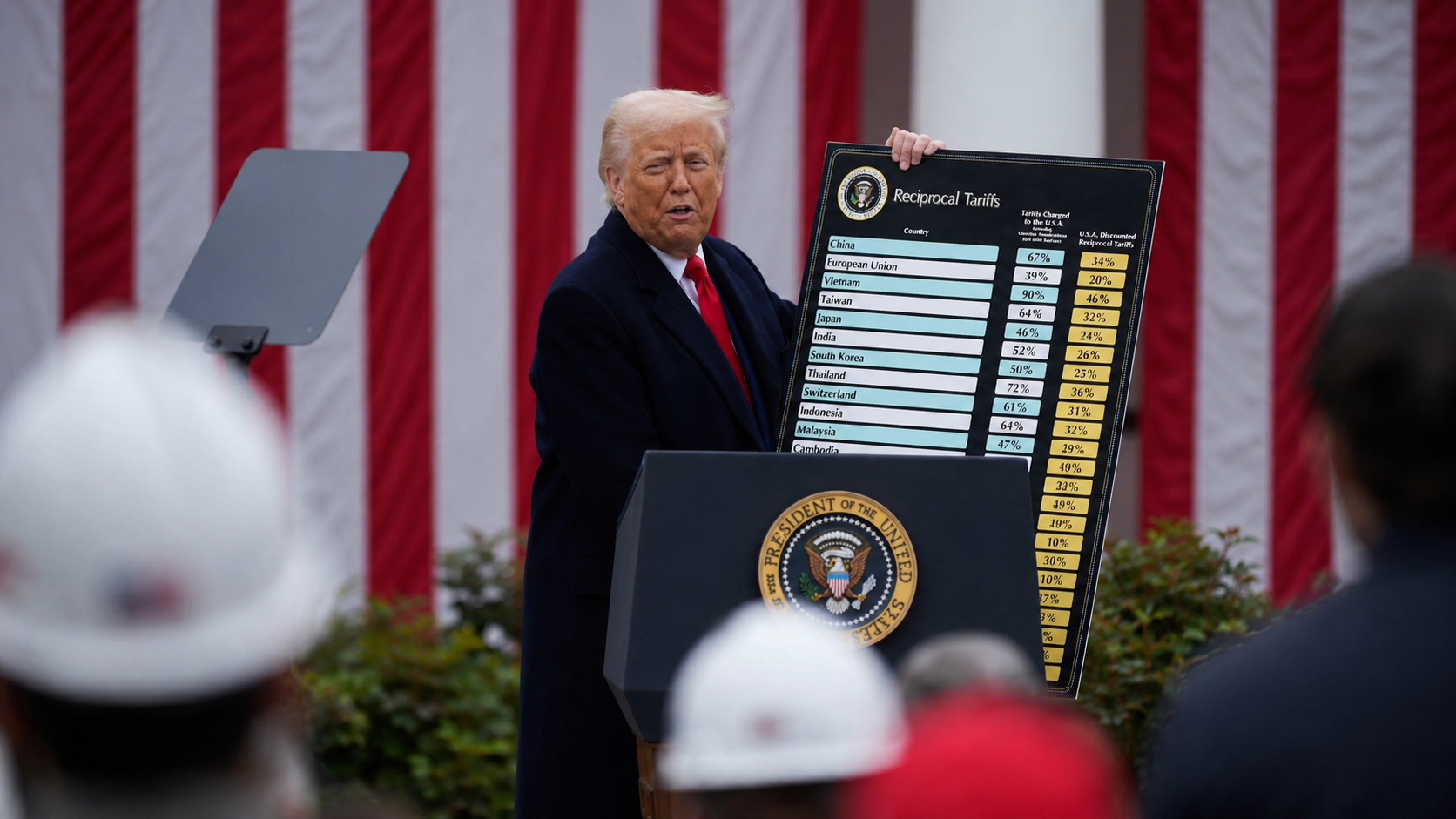 Donald Trump durante un discorso sui dazi reciproci degli Stati Uniti, con la tabella delle tariffe applicate ai principali partner commerciali sullo sfondo della bandiera americana