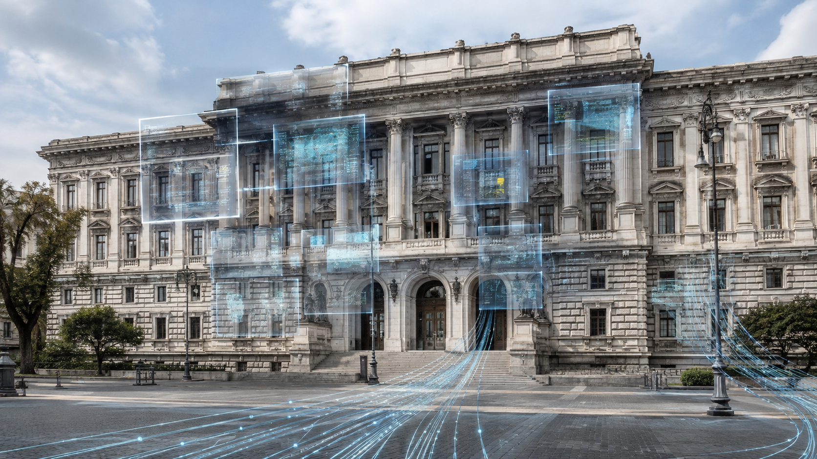Facciata di un edificio pubblico italiano con schermi digitali trasparenti e connessioni di rete in sovrimpressione.
