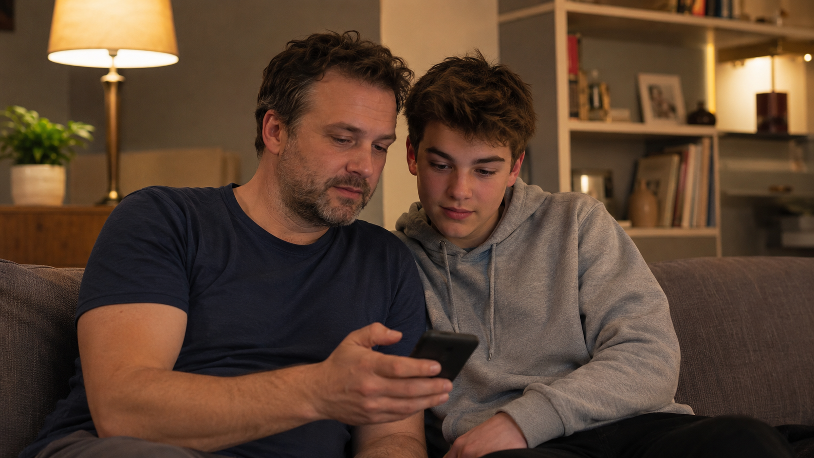 Un padre e il figlio adolescente osservano insieme lo schermo di uno smartphone, seduti sul divano in un soggiorno illuminato da una calda luce serale