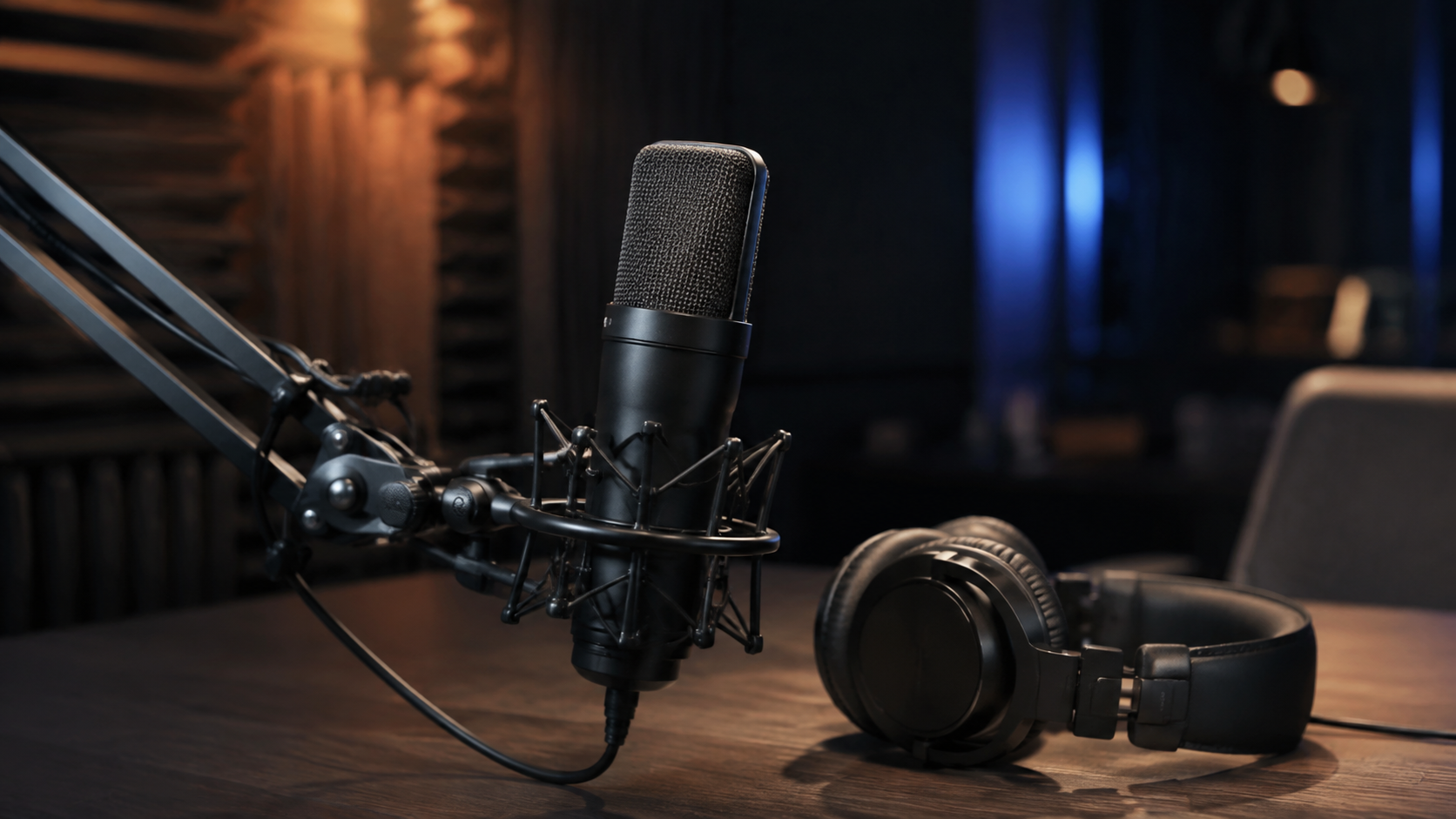 Microfono a condensatore professionale su asta e cuffie appoggiate su un tavolo in uno studio radiofonico illuminato da luci soffuse