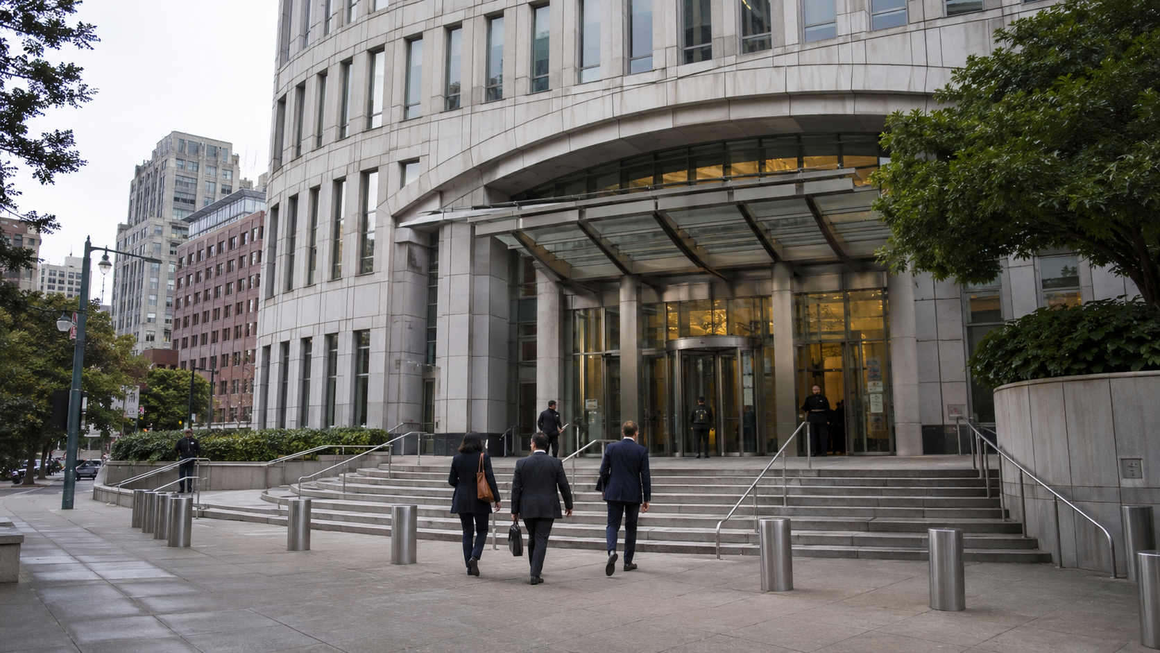 Esterno di un moderno tribunale federale a Oakland, con alcune persone in abiti formali dirette verso l’ingresso.