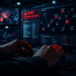 Mani che digitano su una tastiera davanti a più monitor con grafici di rete e segnali di allarme rossi, in un ambiente operativo dedicato alla cybersecurity.