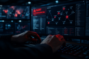 Mani che digitano su una tastiera davanti a più monitor con grafici di rete e segnali di allarme rossi, in un ambiente operativo dedicato alla cybersecurity.