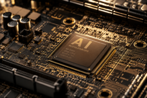Primo piano macro di una scheda madre con chip acceleratore per intelligenza artificiale, circuiti e piste dorate illuminati da una luce laterale, con componenti elettronici sfocati sullo sfondo