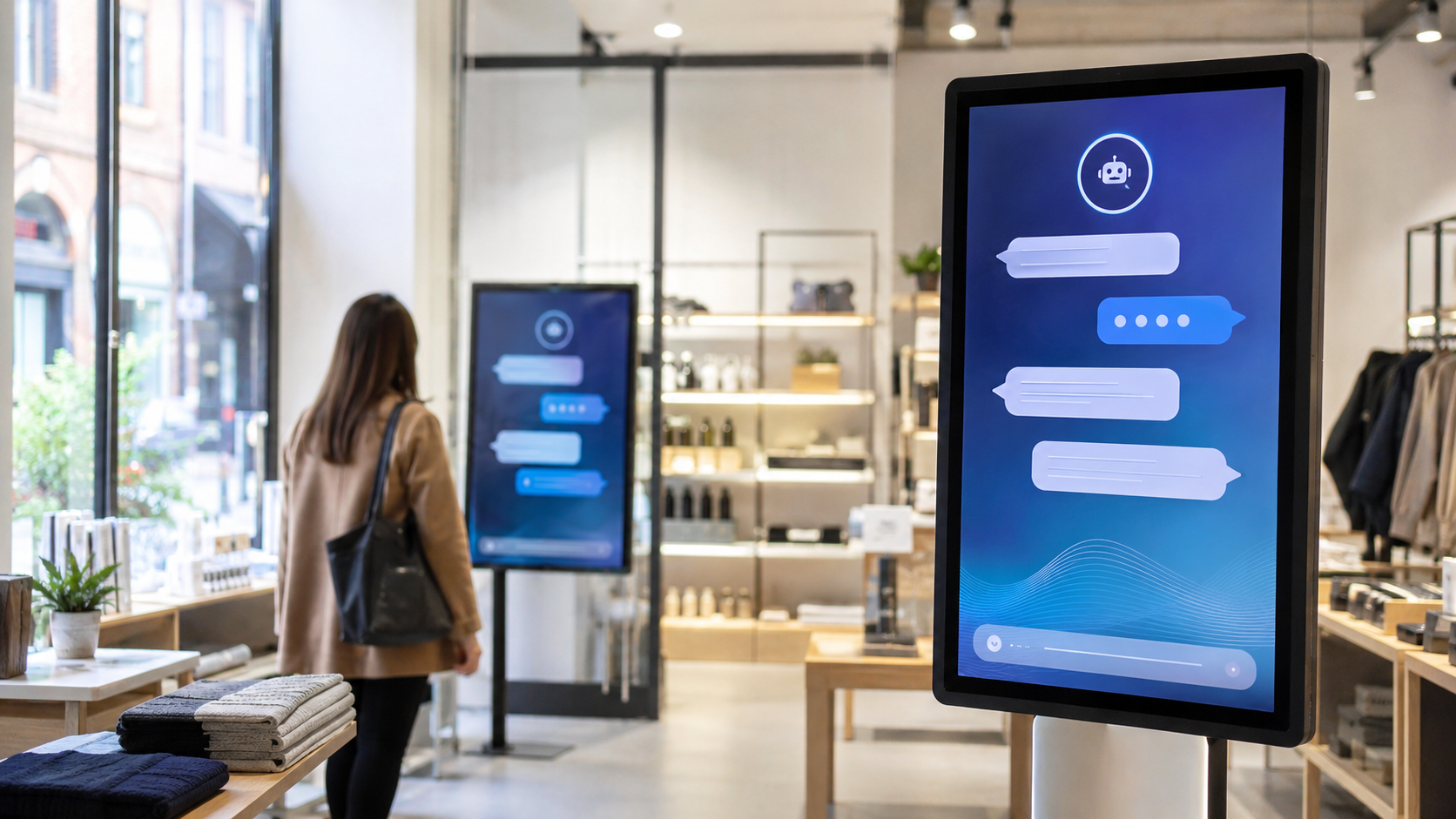 Interno di un moderno negozio retail con una cliente e schermi digitali che mostrano interfacce di chatbot basate sull’intelligenza artificiale