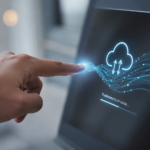 Mano che interagisce con un display digitale mentre un flusso di dati viene trasferito verso il cloud, in un ambiente tecnologico moderno con sfondo sfocato e luce soffusa.