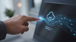 Mano che interagisce con un display digitale mentre un flusso di dati viene trasferito verso il cloud, in un ambiente tecnologico moderno con sfondo sfocato e luce soffusa.