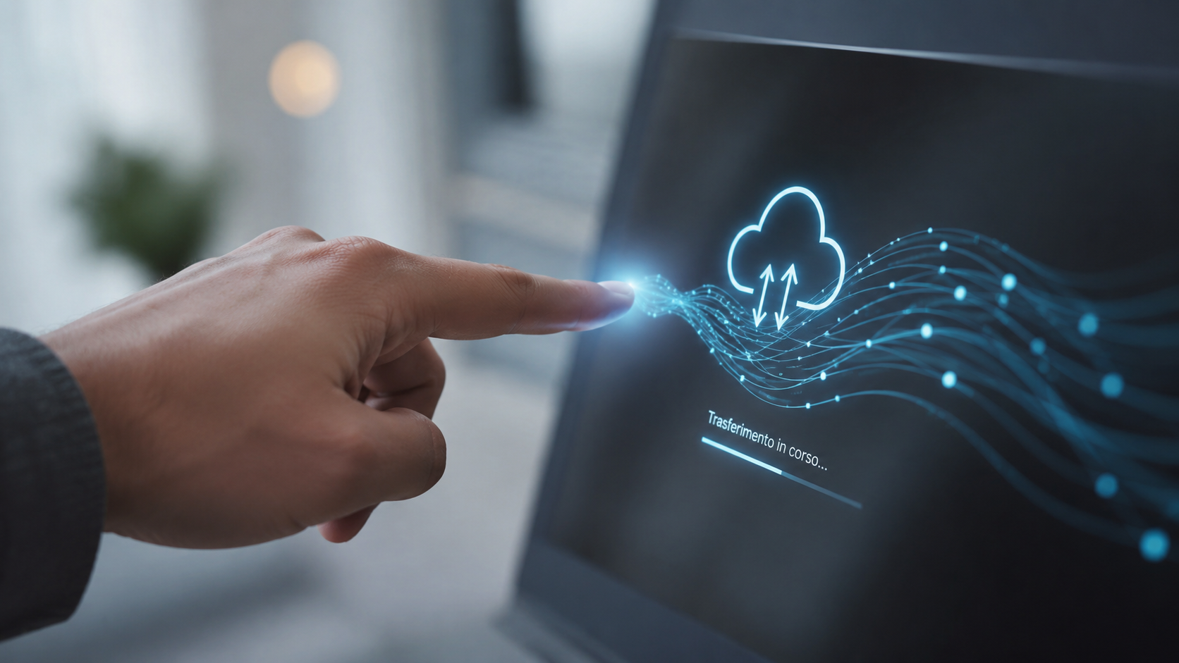 Mano che interagisce con un display digitale mentre un flusso di dati viene trasferito verso il cloud, in un ambiente tecnologico moderno con sfondo sfocato e luce soffusa.