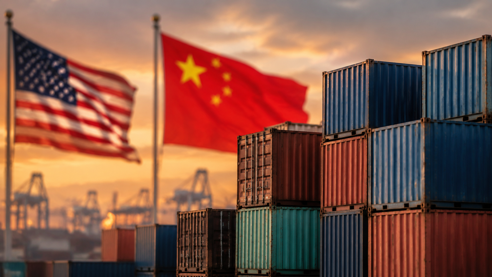 Container merci accatastati in un porto, con le bandiere di Stati Uniti e Cina sullo sfondo al tramonto