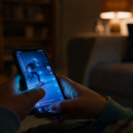 Mani di un bambino che tengono uno smartphone con feed video in stile TikTok, in un soggiorno domestico sfocato con luce serale calda e atmosfera intima