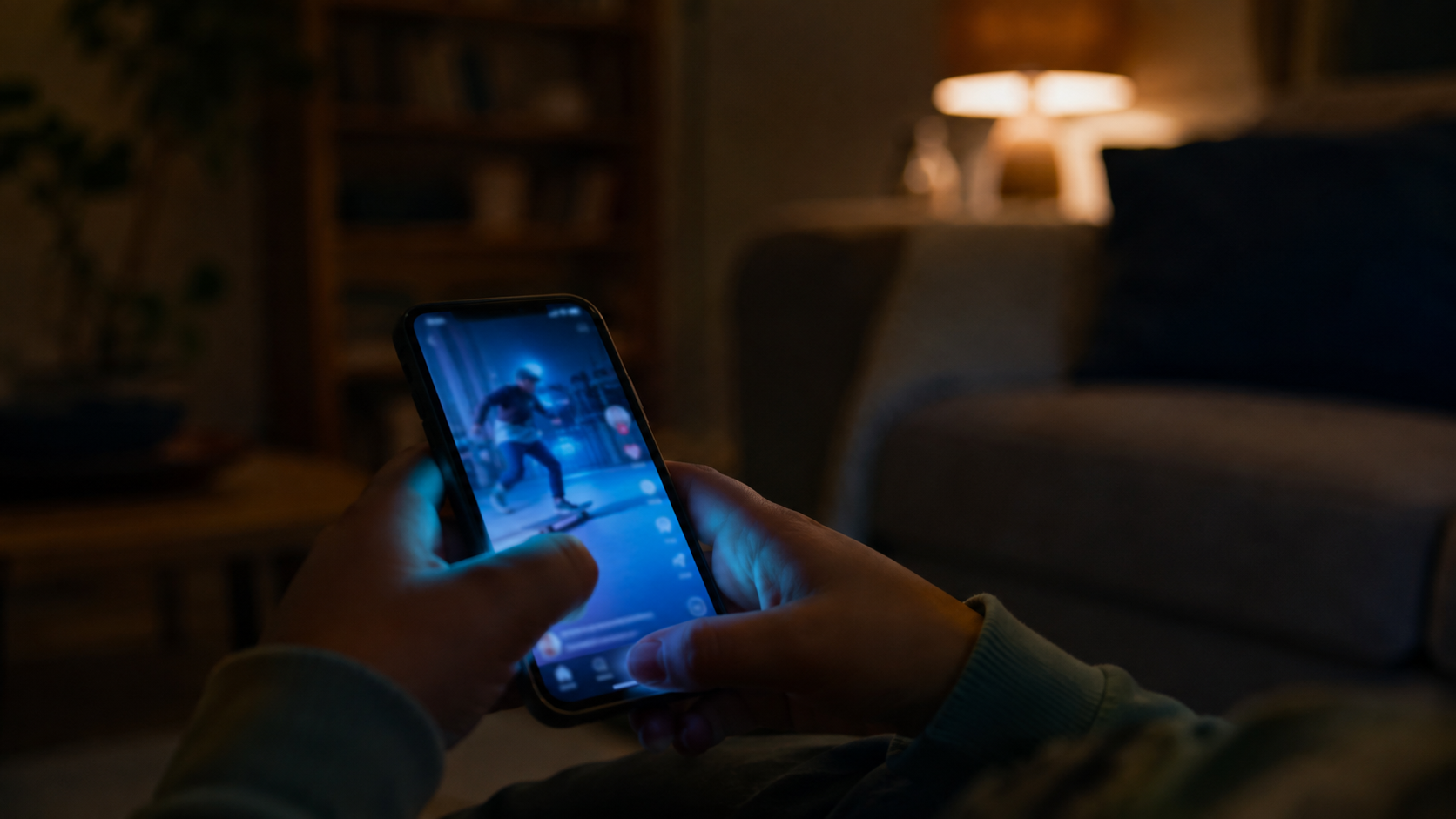 Mani di un bambino che tengono uno smartphone con feed video in stile TikTok, in un soggiorno domestico sfocato con luce serale calda e atmosfera intima
