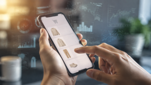 Mani che scorrono un carrello e-commerce su uno smartphone, con grafici e dati digitali sovrapposti sullo sfondo sfocato.