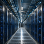 Corridoio di un moderno data center con file di rack server illuminate da luci LED blu e cavi ordinati.