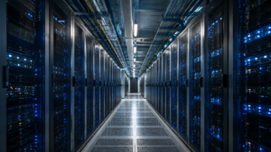 Corridoio di un moderno data center con file di rack server illuminate da luci LED blu e cavi ordinati.
