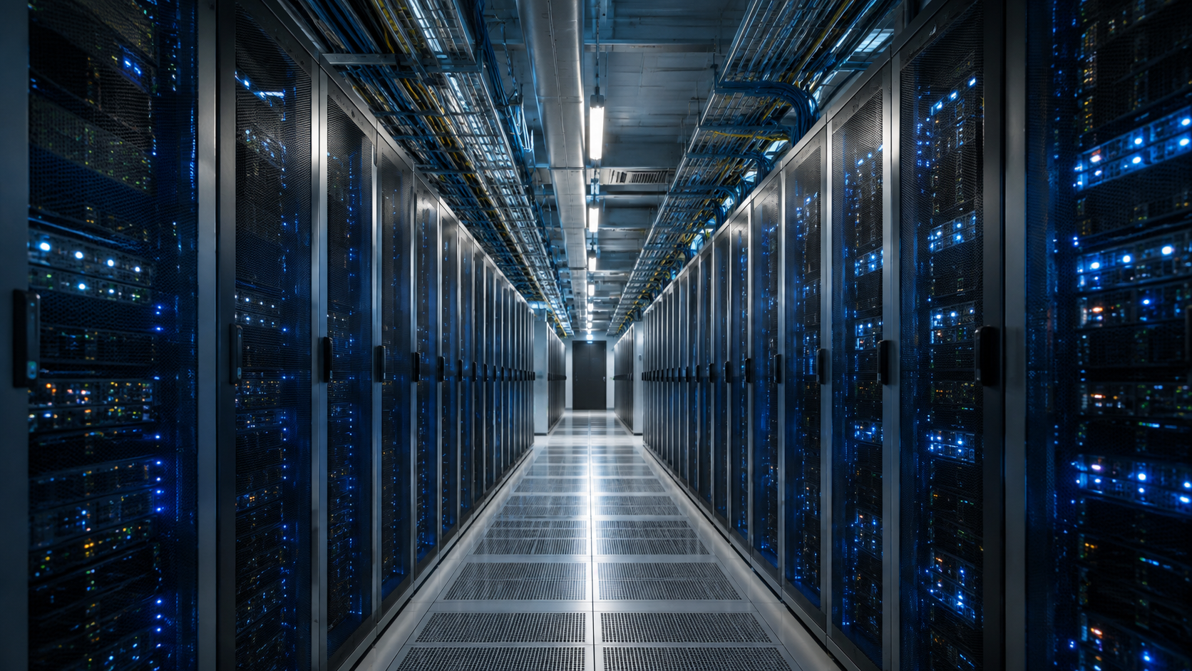 Corridoio di un moderno data center con file di rack server illuminate da luci LED blu e cavi ordinati.