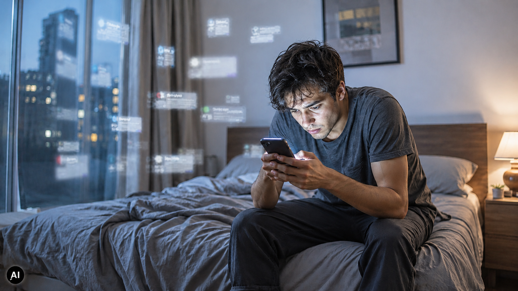 Ragazzo seduto sul letto con il cellulare in mano