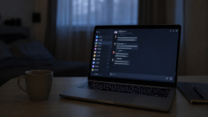 Laptop aperto su una scrivania in penombra con schermata di chat, tastiera con caratteri cirillici e luce fredda azzurra in una stanza con tende chiuse.