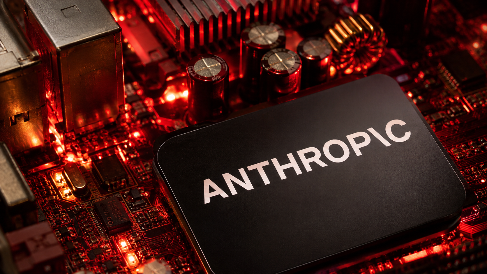 Logo Anthropic su un processore installato in una scheda elettronica illuminata da luci rosse